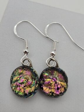 Dichroic Glass Dangle Earrings Pink Purple Firework Sterling Silver Hooks 1"